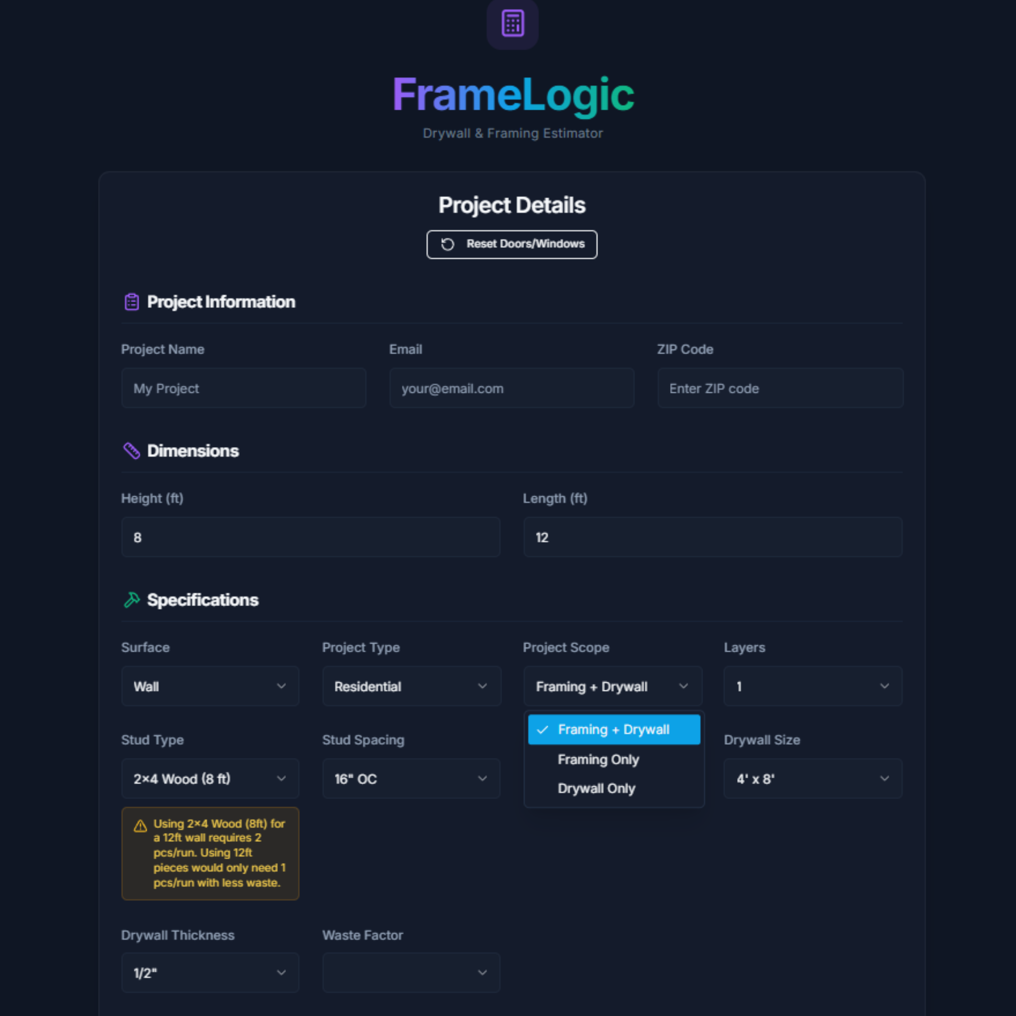 FrameLogic Dashboard - Dark Theme